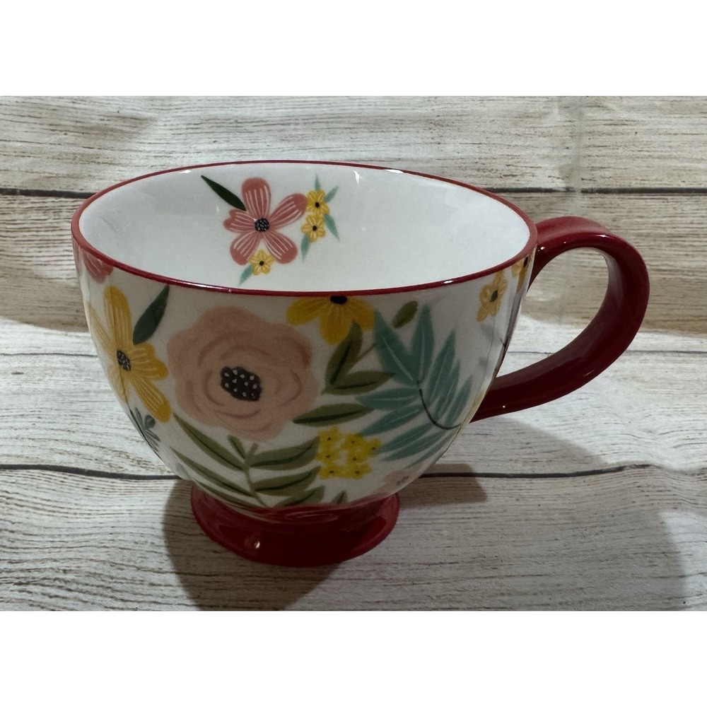 Handpainted Potter's Studio Footed Floral Coffee Mug Red Pink Flowers - Picture 4 of 7
